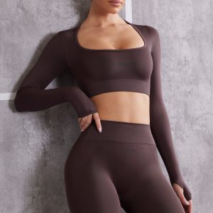 Long Sleeve Crop Top in Brown