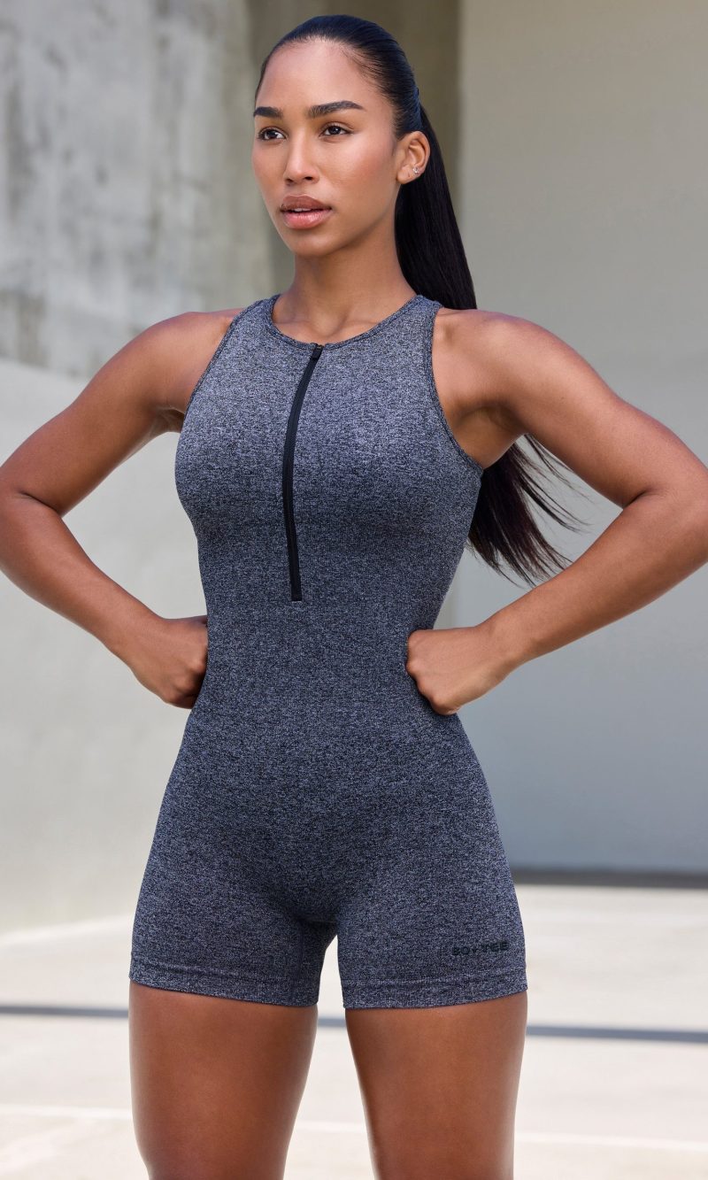 Super Sculpt Seamless Zip Up Unitard in Marl Black