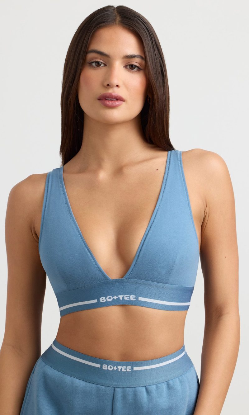 Plunge-Neck Crop Top in Steel Blue