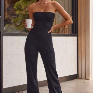 Soft Rib Bandeau Kick Flare Jumpsuit in Black