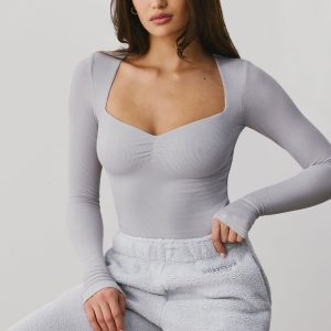Modal Rib Long Sleeve Crop Top in Fog
