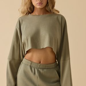 Oversized Long Sleeve Crop Top in Soft Olive