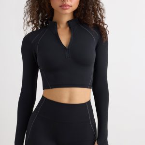 Soft Active Half Zip Crop Top in Black