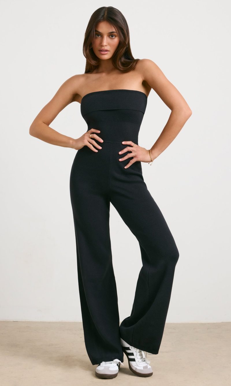 Chunky Knit Kick Flare Unitard in Black