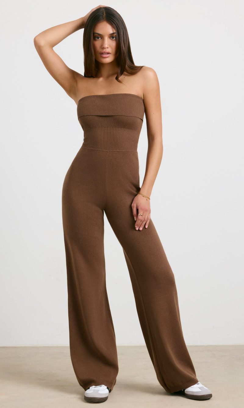 Chunky Knit Kick Flare Unitard in Espresso