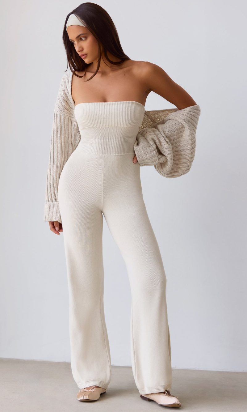 Bandeau Kick Flare Chunky Knit Jumpsuit in Cream