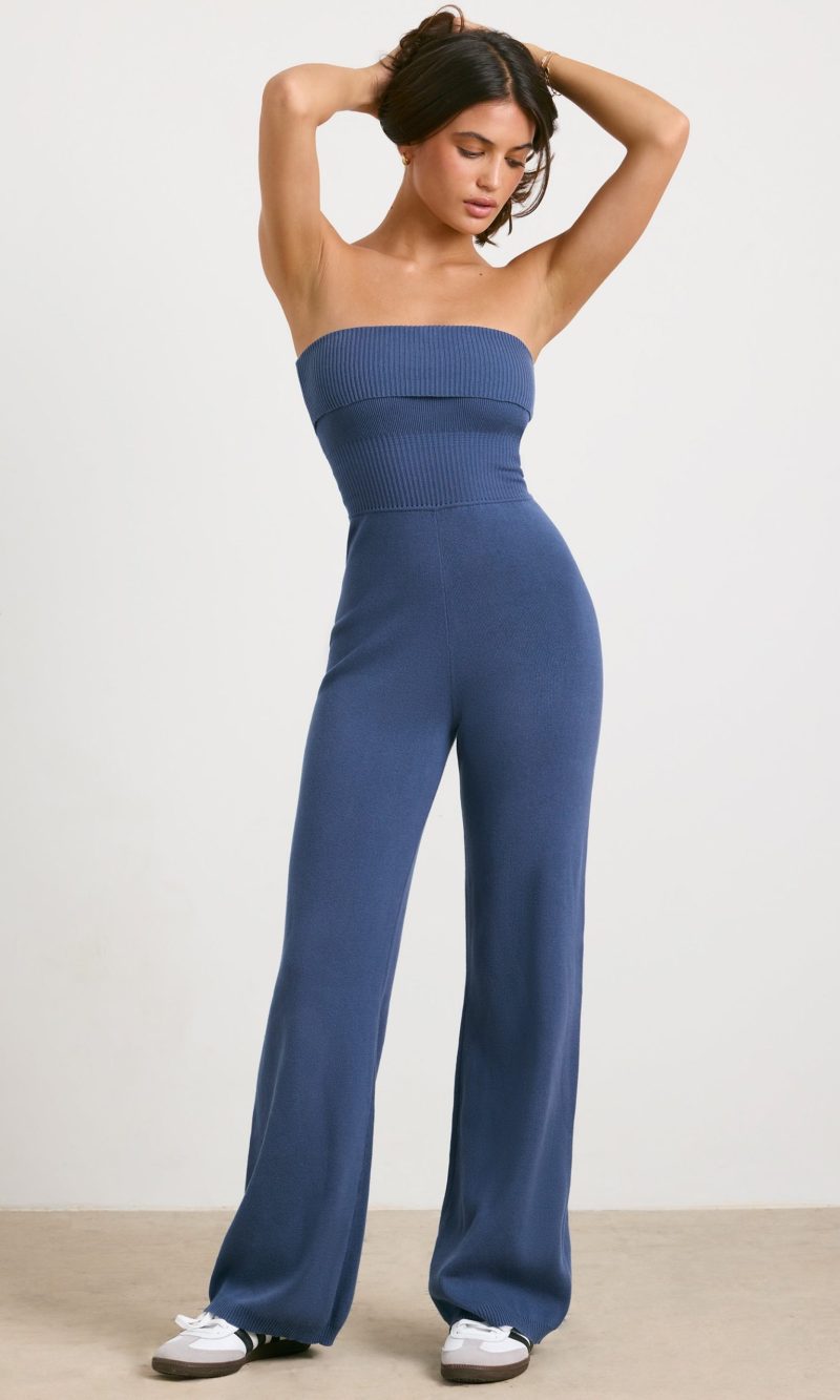 Chunky Knit Kick Flare Unitard in Washed Navy