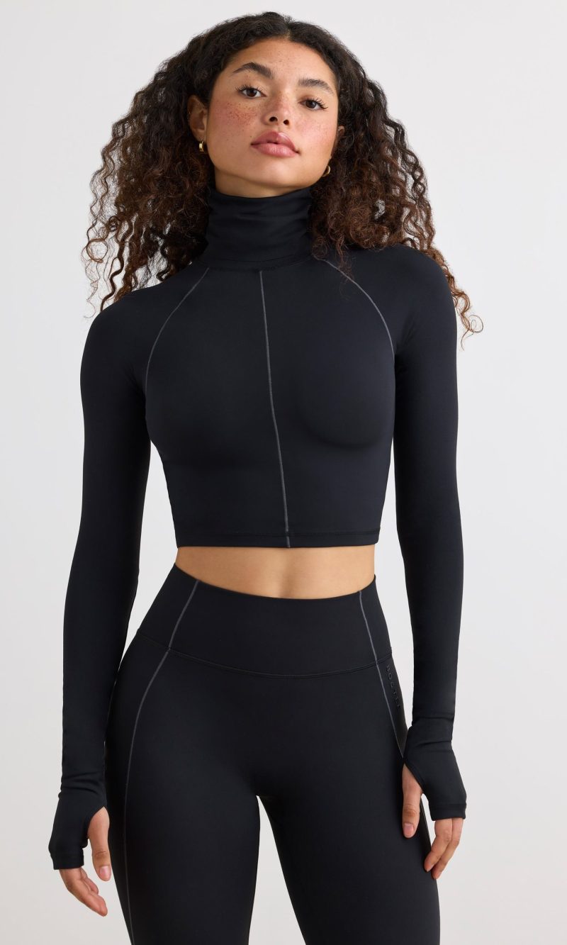 Soft Active Turtleneck Crop Top in Black