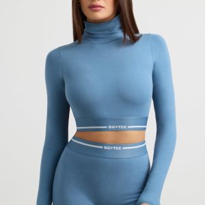 Turtleneck Backless Long-Sleeve Crop Top in Steel Blue