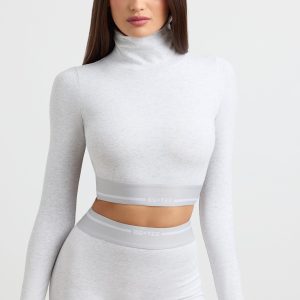 Turtleneck Backless Long-Sleeve Crop Top in Grey Marl