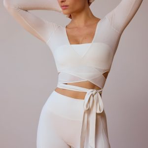 Long-Sleeve Wrap Crop Top in Soft White