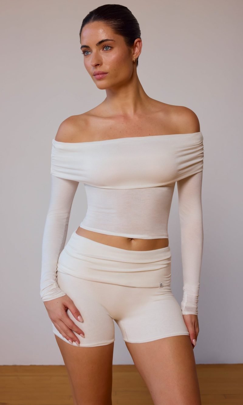 Sheer Off-Shoulder Long-Sleeve Top in Soft White