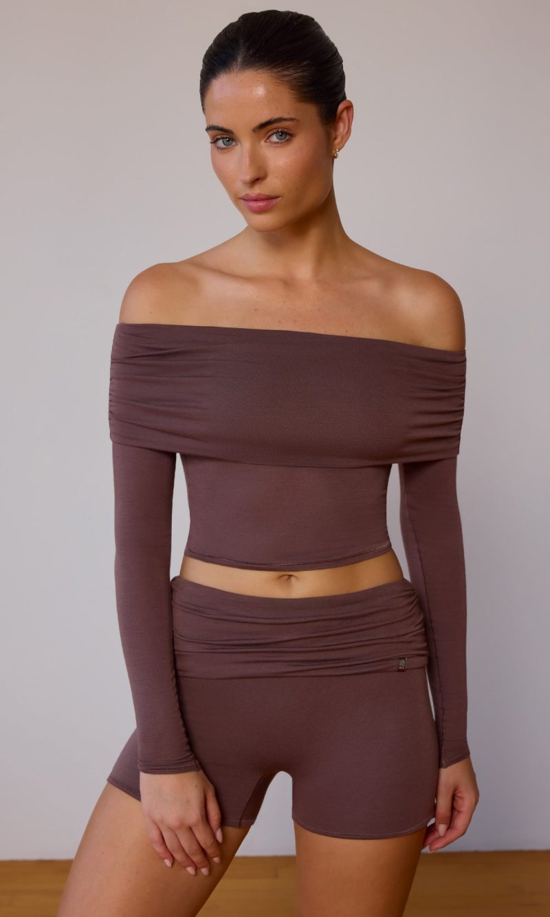 Sheer Off-Shoulder Long-Sleeve Top in Taupe Brown