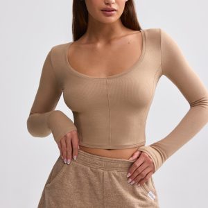 Ribbed Modal V-Neck Crop Top in Mocha Brown