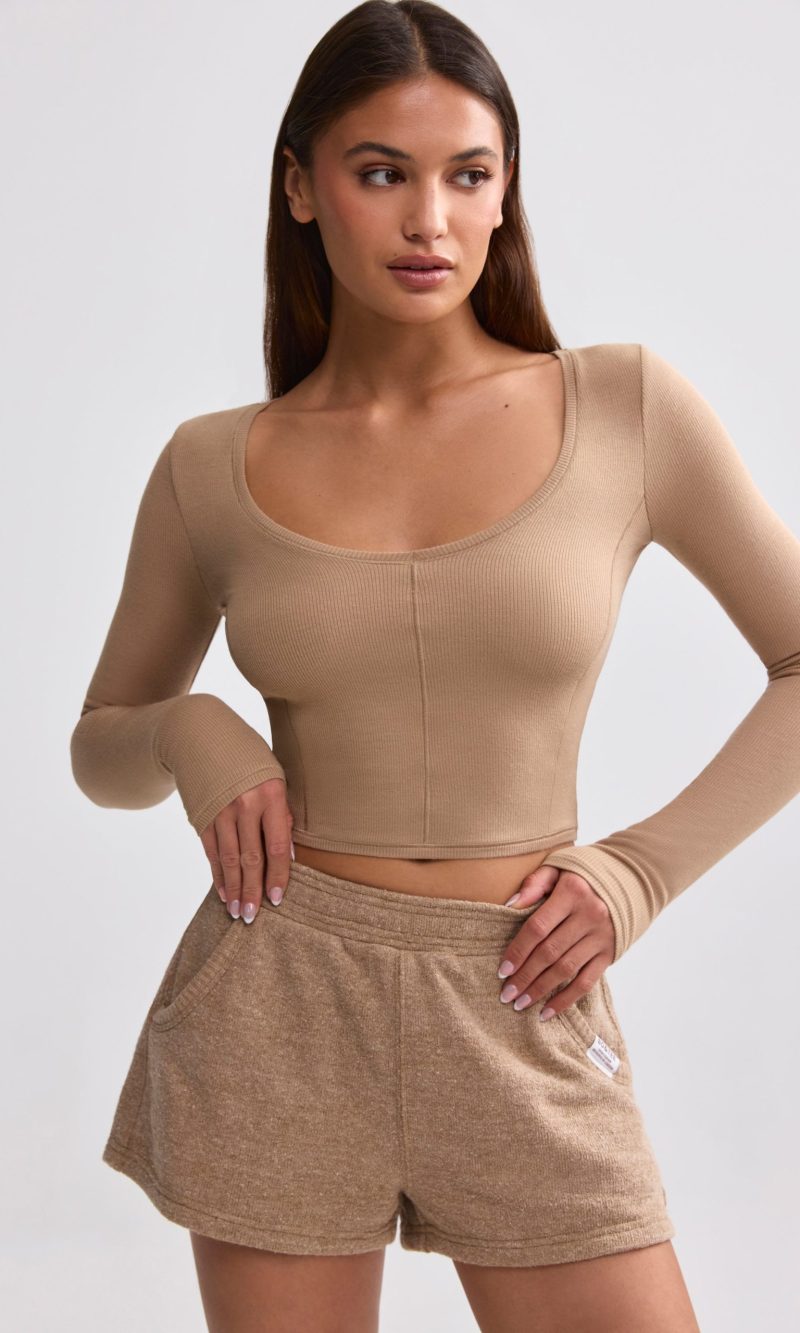 Ribbed Modal V-Neck Crop Top in Mocha Brown