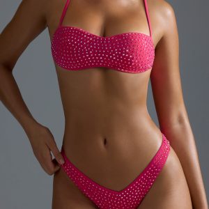 Embellished V-Shaped High-Leg Cheeky Bikini Bottoms in Raspberry Sorbet