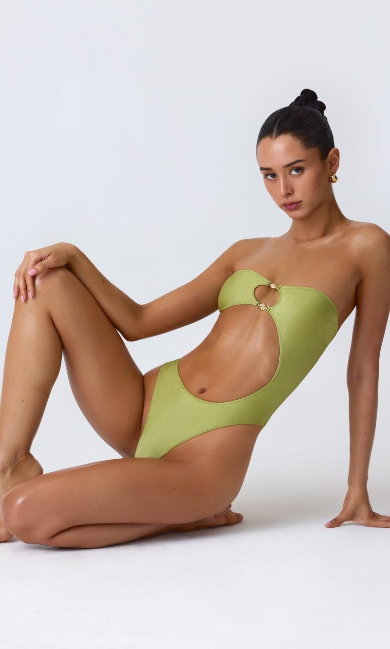 Embellished Cut-Out Bandeau Swimsuit in Pear Green