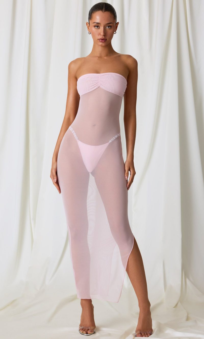 Ruched Bandeau Midi Dress in Soft Pink