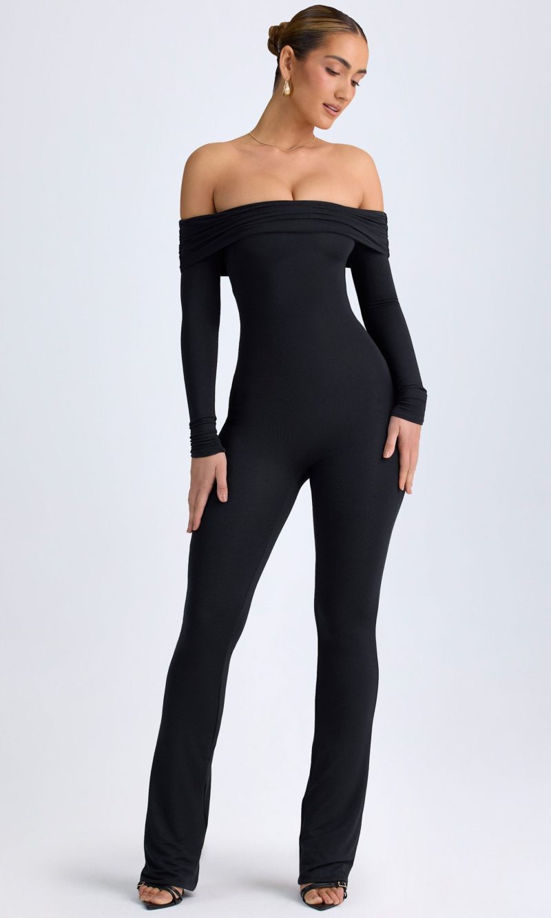 Modal Off-Shoulder Ruched Jumpsuit in Black