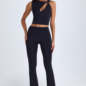 Foldover Flared Trousers in Black