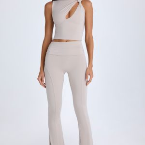 Foldover Flared Trousers in Taupe