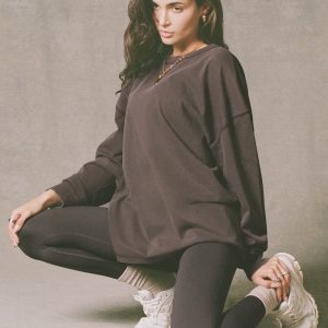 Acid Wash Long-Sleeve Oversized T-Shirt in Brown