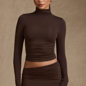 Modal Ruched Backless Turtleneck Top in Chocolate Brown