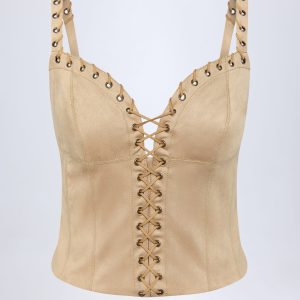Lace-Up Top in Tan