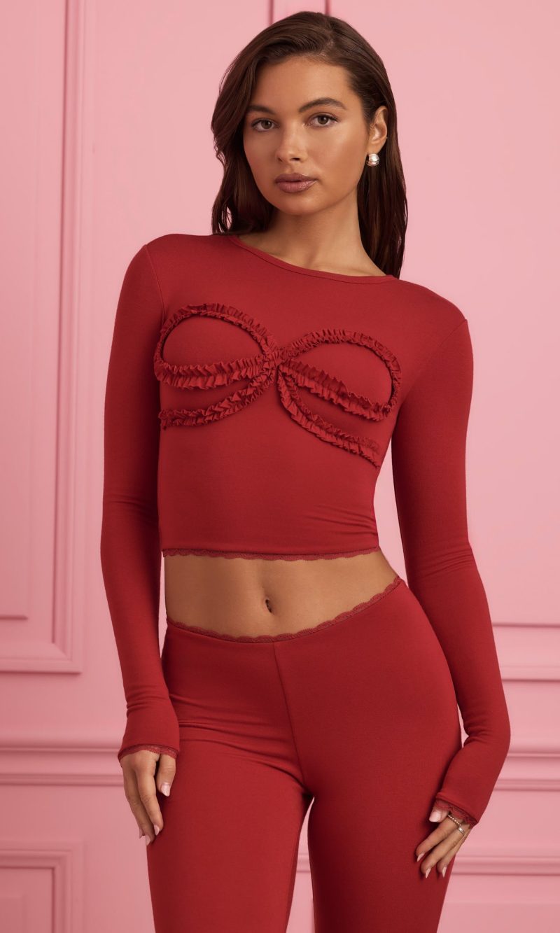 Lace-Trim Appliqu?? Pyjama Top in Ruby Red