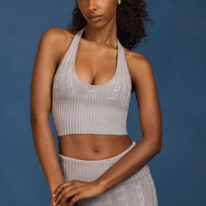 Cable-Knit Halterneck Crop Top in Grey Marl