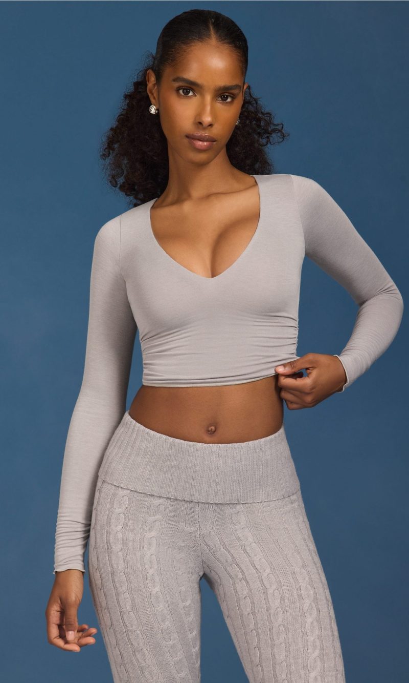 Ruched Long-Sleeve Crop Top in Grey