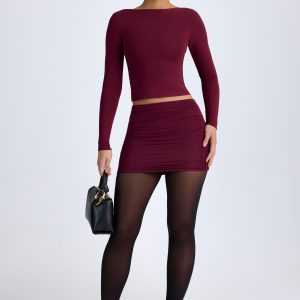 Modal Ruched Mid-Rise Mini Skirt in Wine Red