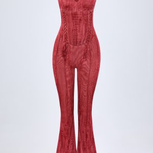 Lace-Up Ruffled Flared Jumpsuit in Red Print