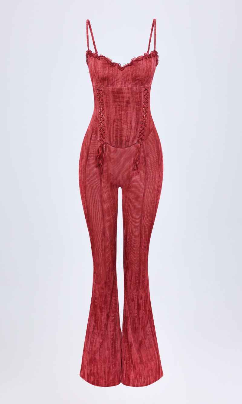 Lace-Up Ruffled Flared Jumpsuit in Red Print