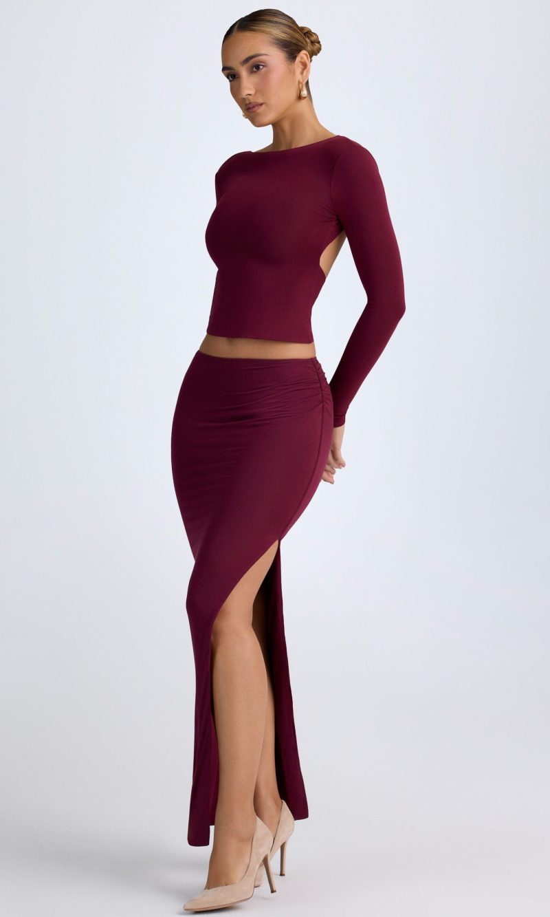 Modal Low-Rise Maxi Skirt in Wine Red