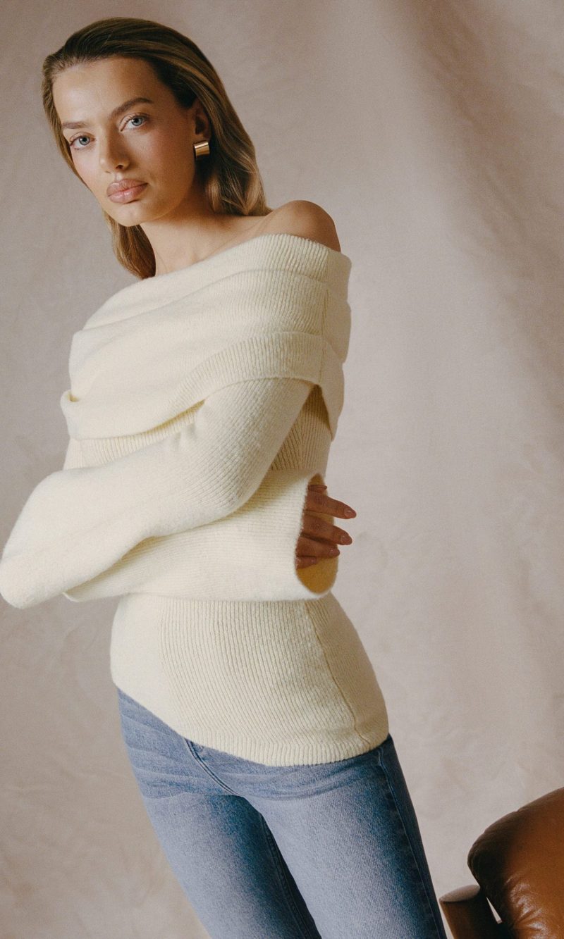 Ribbed-Knit Asymmetric Off-Shoulder Jumper in Butter Yellow