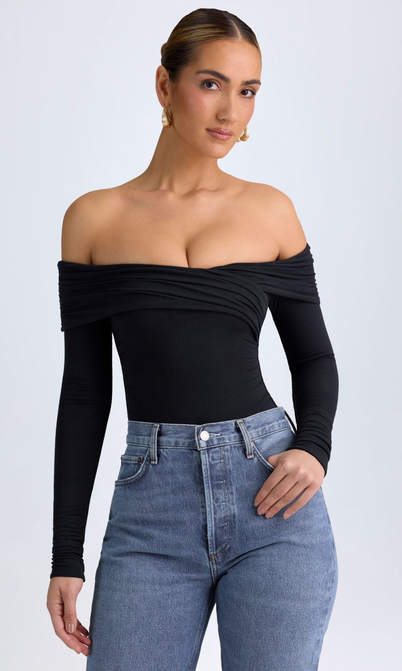Modal Off-Shoulder Ruched Bodysuit in Black