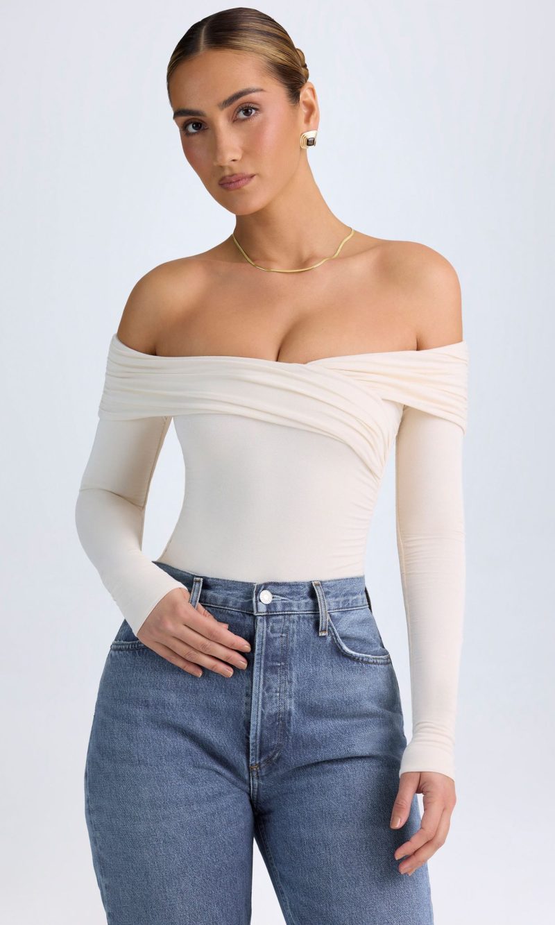 Modal Off-Shoulder Ruched Bodysuit in Ivory