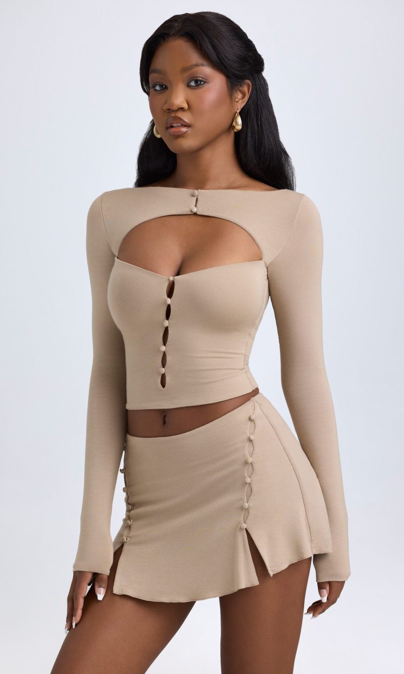 Modal Cut-Out Button-Detail Top in Taupe