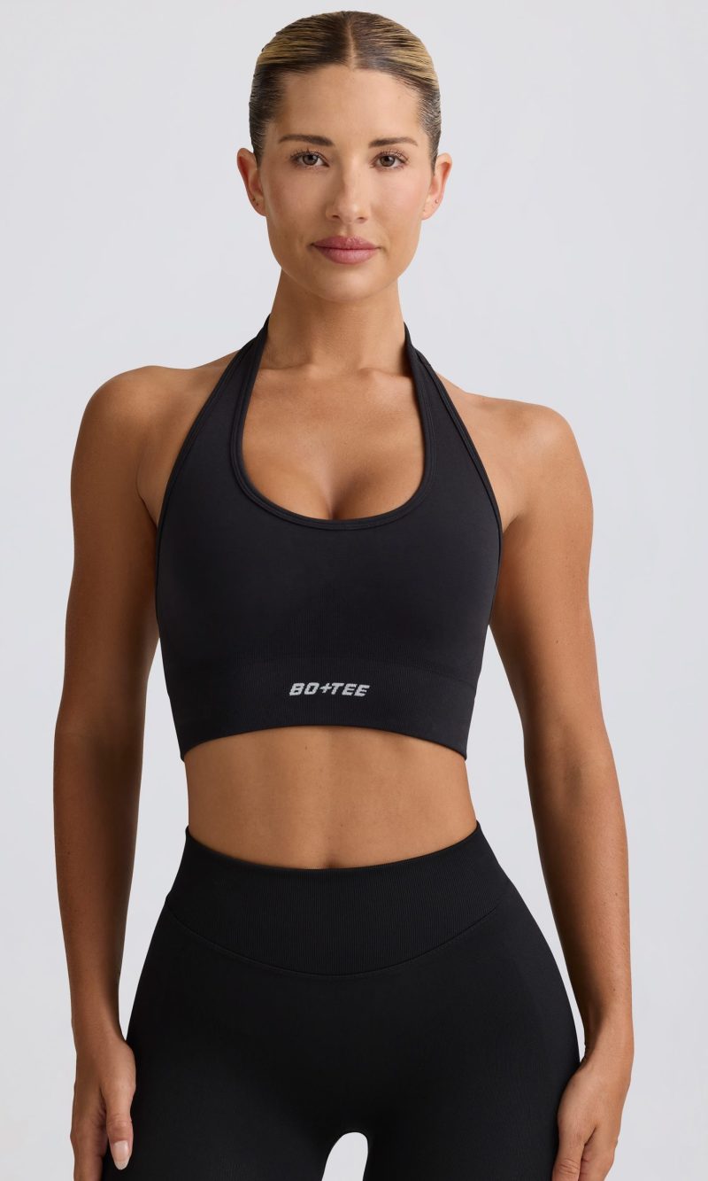 Define Luxe Halterneck Sports Bra in Jet Black