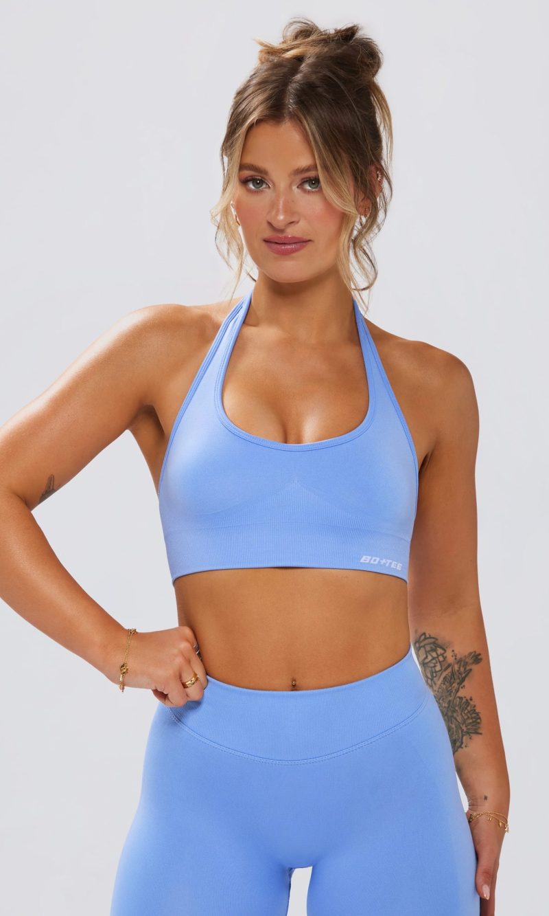 Define Luxe Halterneck Sports Bra in Light Blue