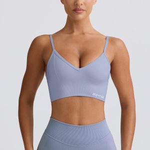 Define Luxe V-Neck Sports Bra in Blue Grey
