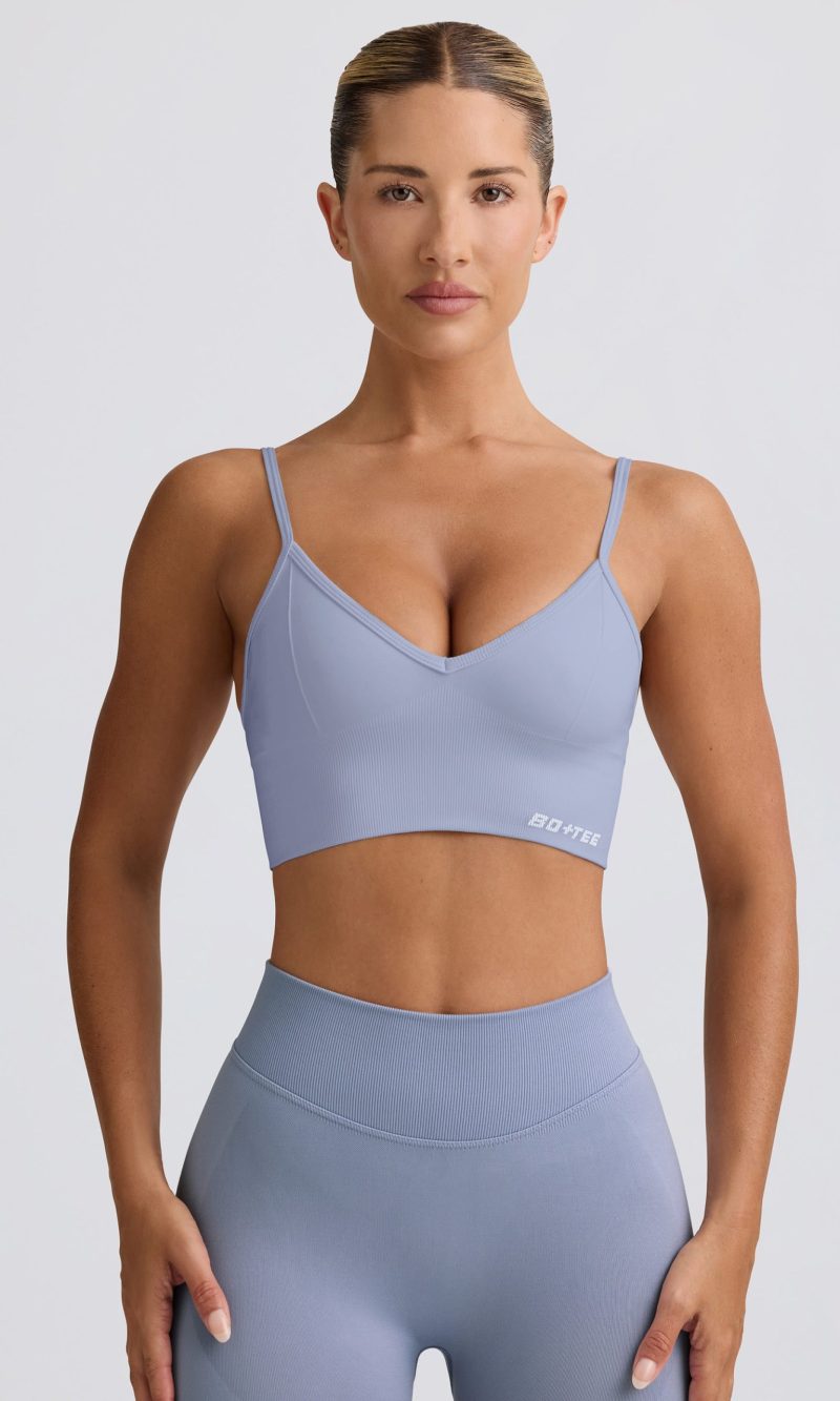 Define Luxe V-Neck Sports Bra in Blue Grey