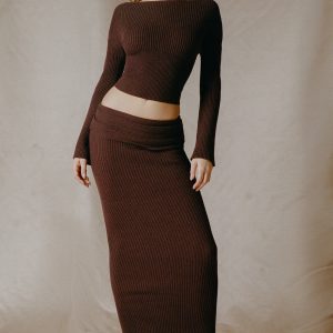 Ribbed-Knit Foldover Maxi Skirt in Espresso