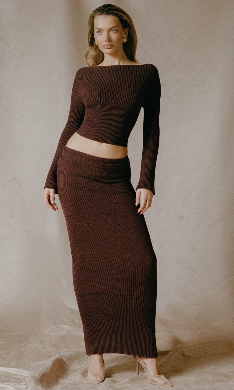 Ribbed-Knit Foldover Maxi Skirt in Espresso