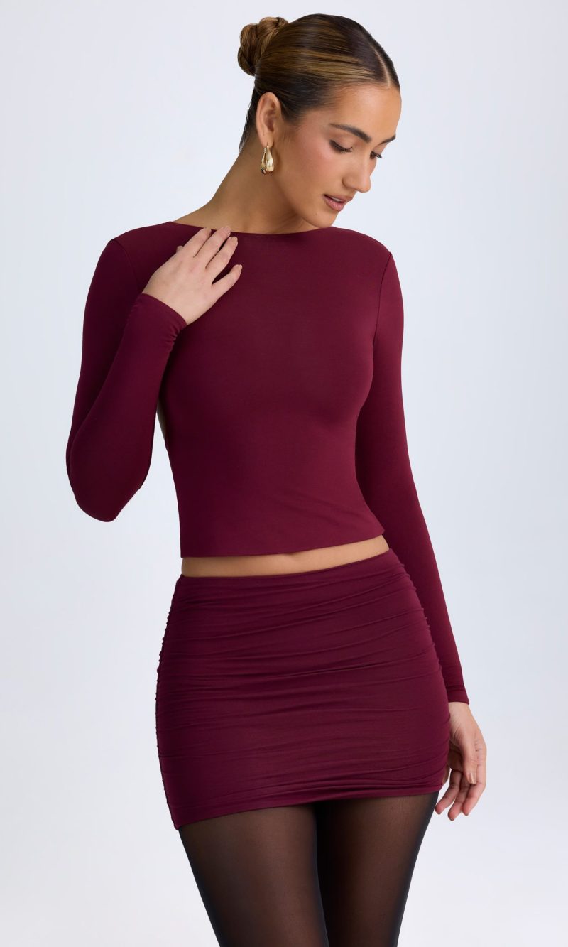 Modal High-Neck Open-Back Top in Wine Red