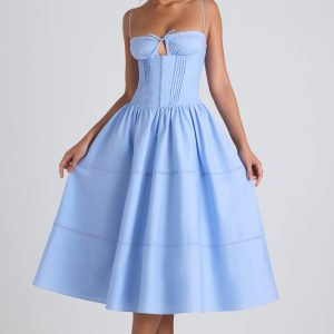 Lace-Trim Pintucked Poplin Midaxi Dress in Sky Blue