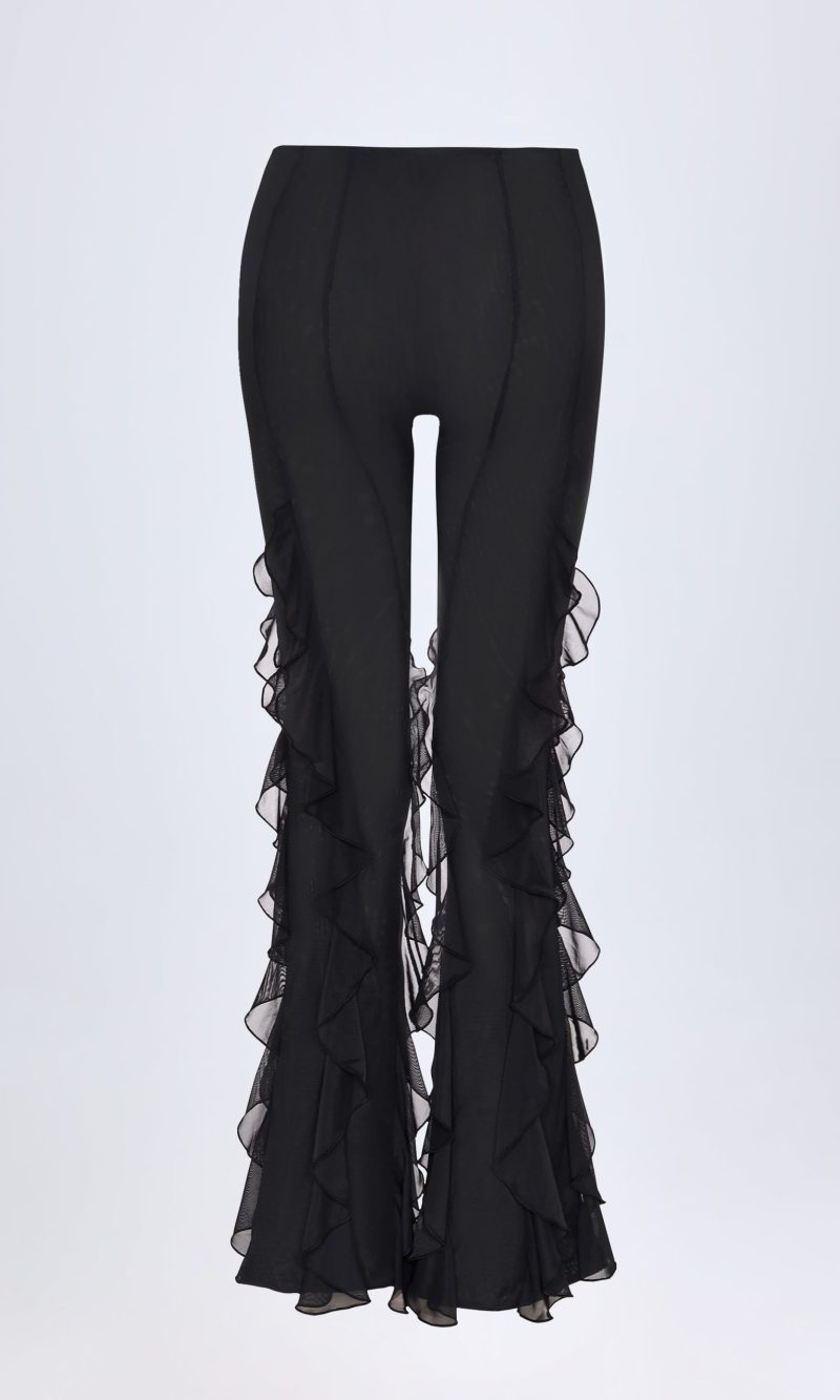 Ruffled Mid-Rise Flared Trousers in Black