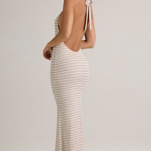 Modal Backless Halterneck Maxi Dress in Pink & Yellow Stripe