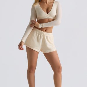 Brushed Jersey Elasticated Mini Shorts in Ecru